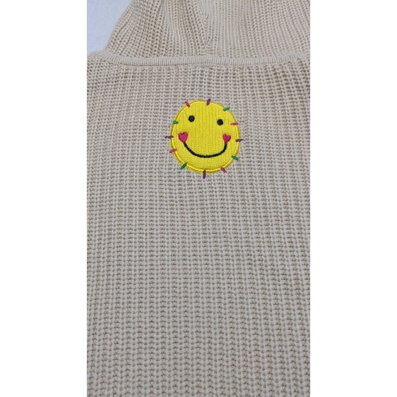 KERRI ROSENTHAL Cardigan Knit Sweater XS Beige Smile Face Stitch Hood Longline - Picture 9 of 11